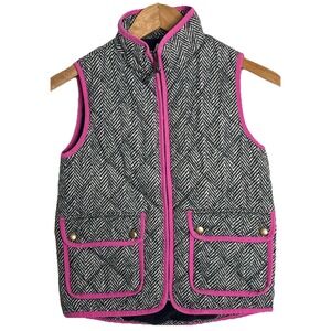 J Crew‎ Crewcuts Herringbone Quilted Puffer Vest Girls 8 Black Pink Trim